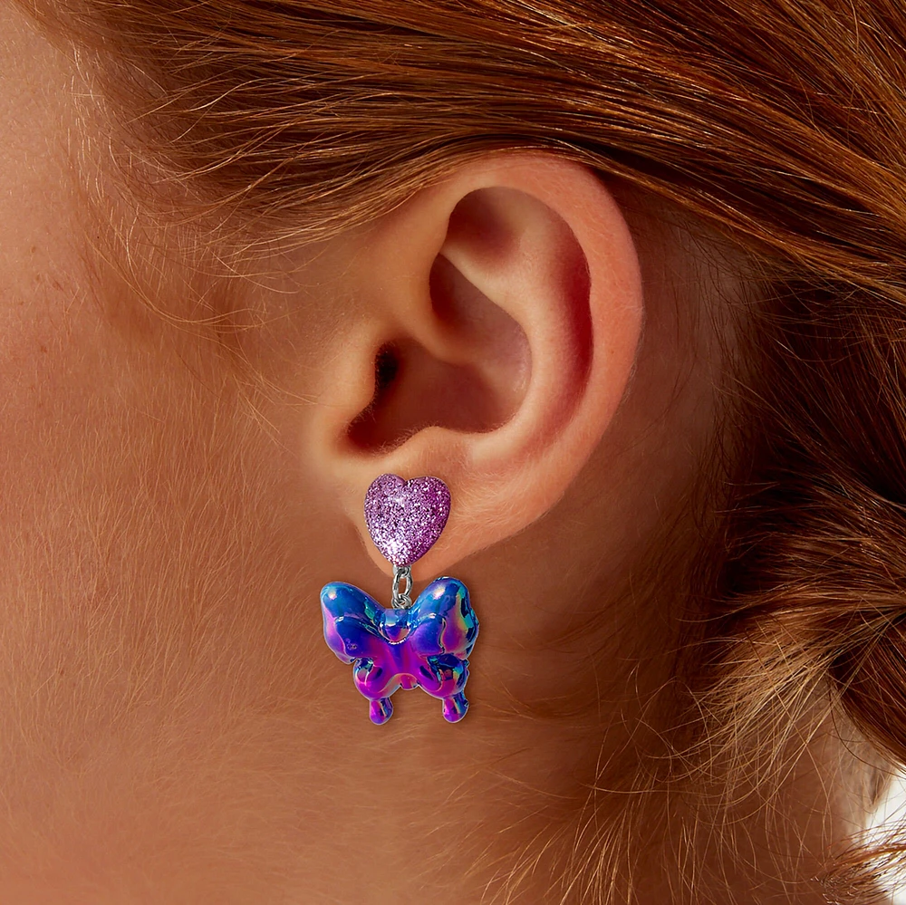 Purple Puffy Butterfly & Heart Drop Earrings