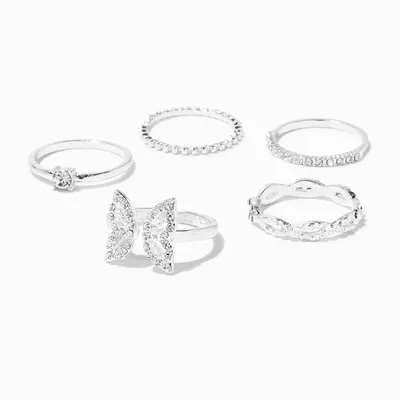 Silver-tone Crystal Butterfly Rings - 5 Pack