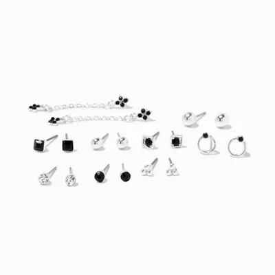 Black Enamel & Silver Stud Earrings - 9 Pack