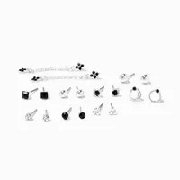 Black Enamel & Silver Stud Earrings - 9 Pack
