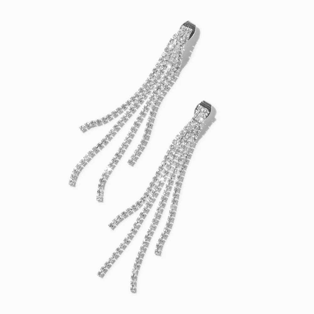 Silver-tone Rhinestone Cup Chain Fringe 3" Drop Earrings