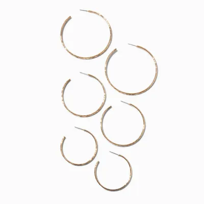 Gold-tone Graduated Hammered Hoop Earrings - 3 Pack