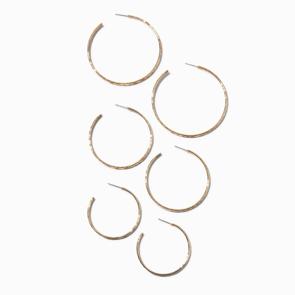 Gold-tone Graduated Hammered Hoop Earrings - 3 Pack