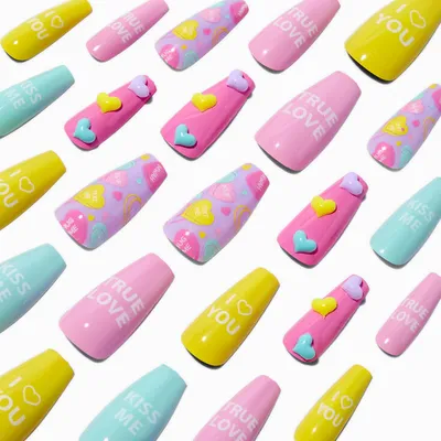Conversation Hearts Squareletto Press On Faux Nail Set - 24 Pack