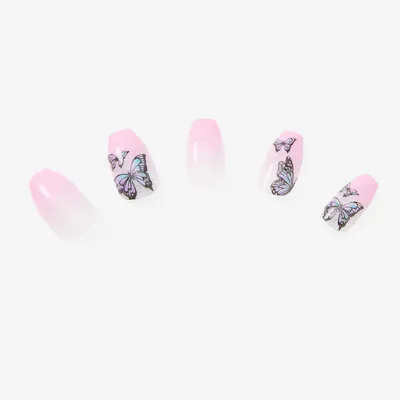 Butterfly Pink Ombre Glitter Coffin Vegan Faux Nail Set - 24 Pack
