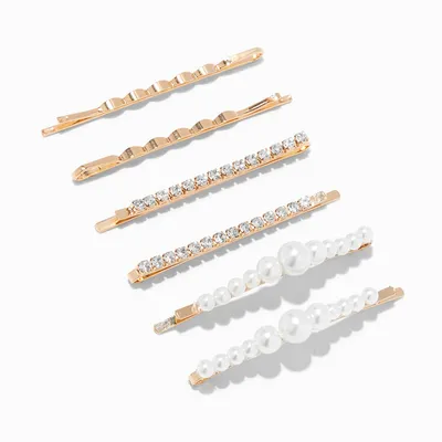 Gold Pearl & Geometric Crystal Bobby Pins - 6 Pack
