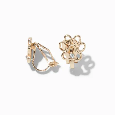 Gold-tone Crystal Paw Print Clip-On Stud Earrings