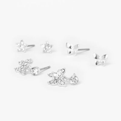 Silver Butterfly & Stars Stud Earrings - 3 Pack