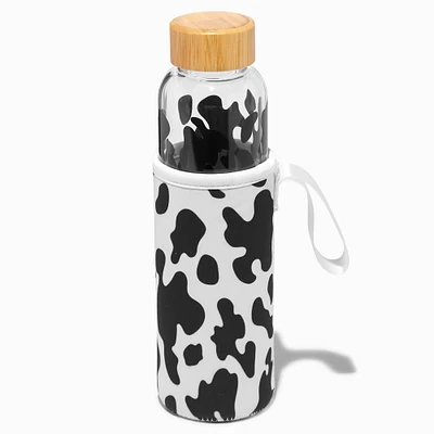 Black & White Cow Print Glass Water Bottle with Sleeve