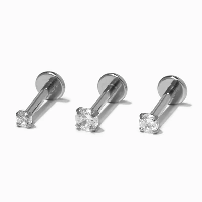 Silver-tone Titanium Cubic Zirconia 16G Cartilage Stud Earrings - 3 Pack