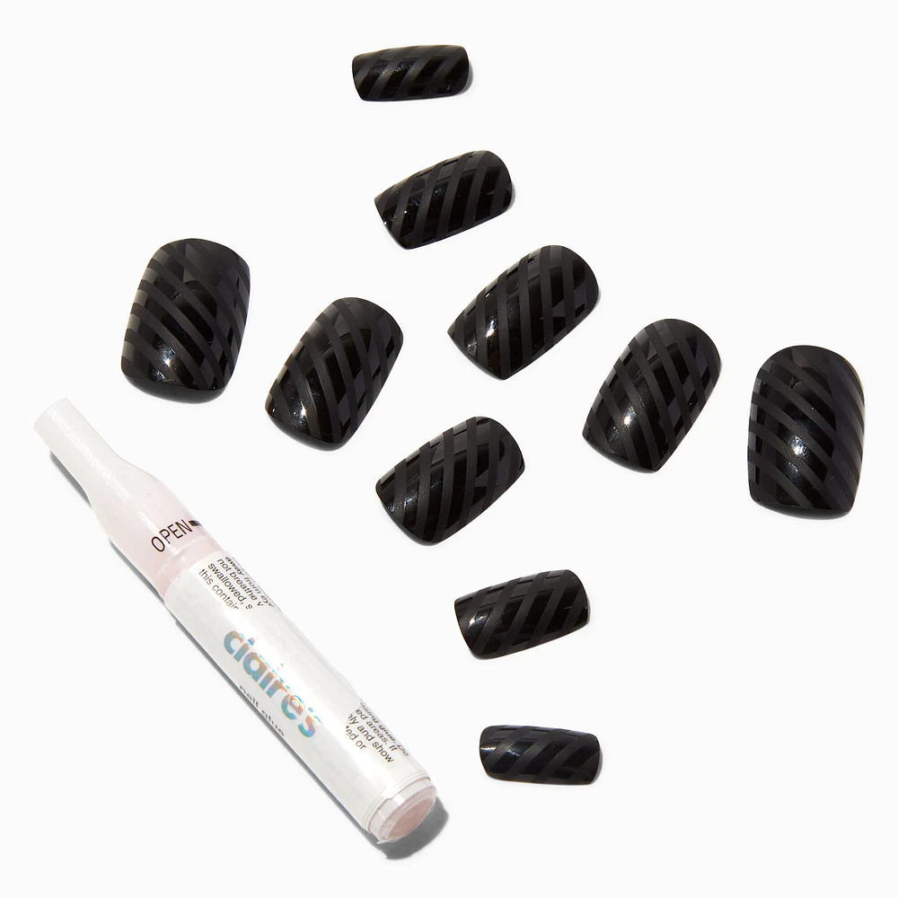 Black Stripe Mid Square Vegan Faux Nail Set -  24 Pack