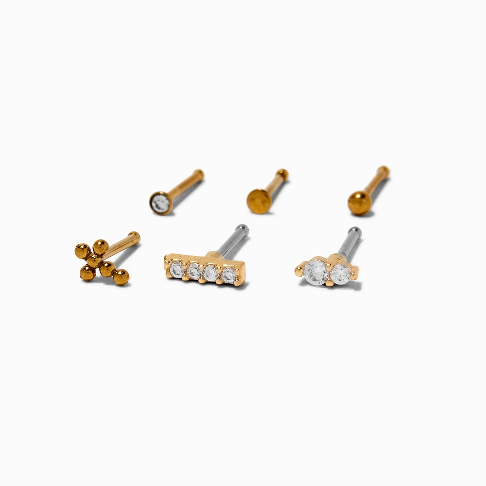 20G Gold-tone Stainless Steel Cubic Zirconia Mixed Nose Studs - 6 Pack