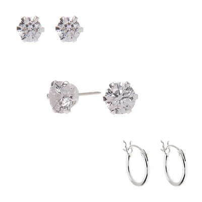 C LUXE by Claire's Sterling Silver Cubic Zirconia Stud & Hoop Earrings - 3 Pack