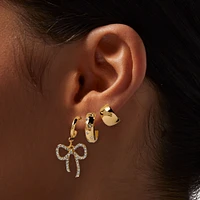 Gold-tone Crystal Bow Thick Hoops Earring Stackables Set - 3 Pack