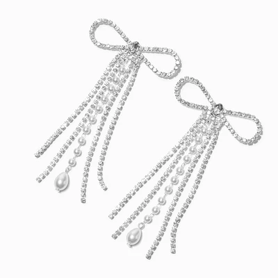 Silver-tone Rhinestone & Pearl Fringe Bow 3" Drop Earrings