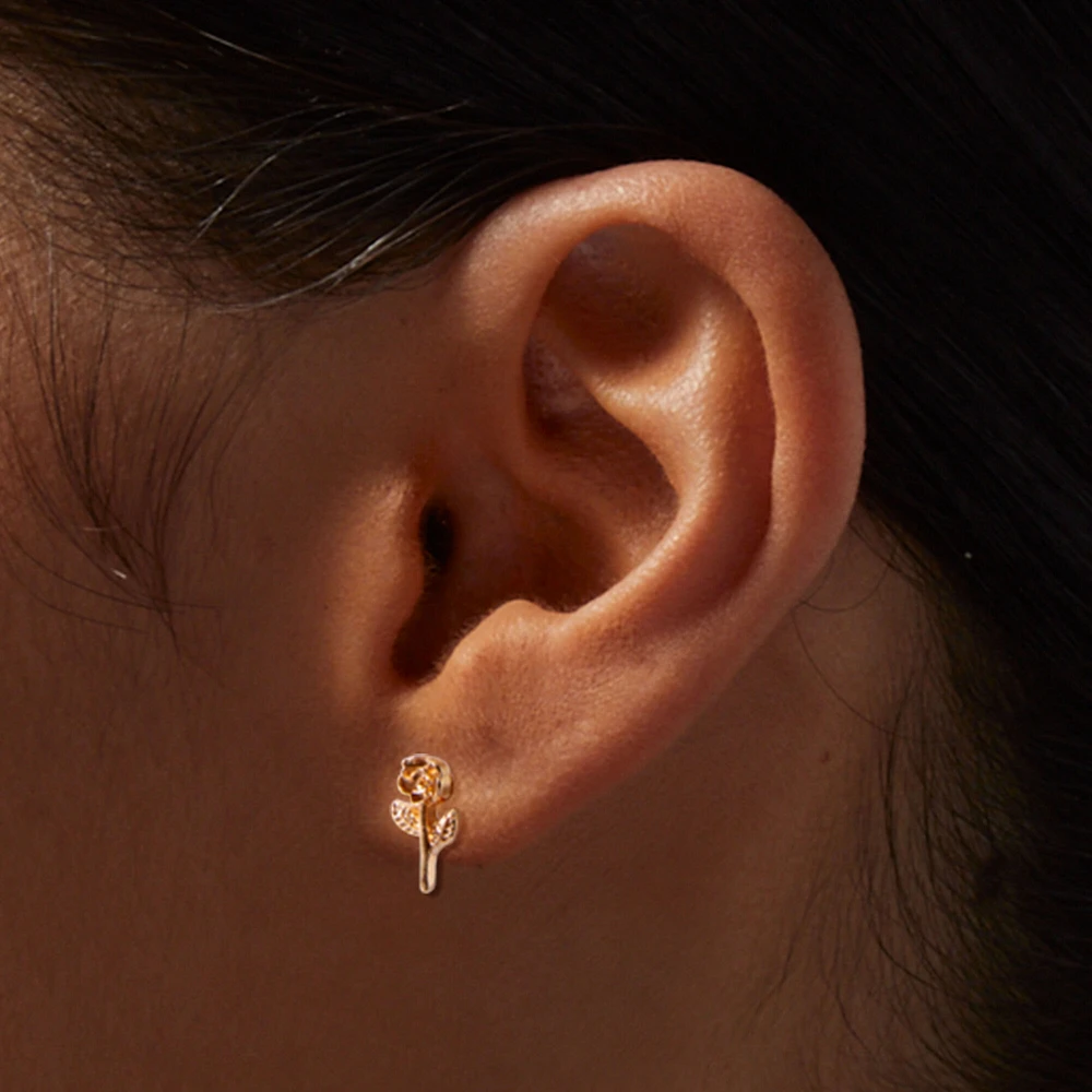 Gold-tone Rose Stem Stud Earrings