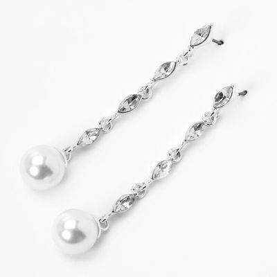 Silver 2" Crystal and Pearl Linear Drop Earrings