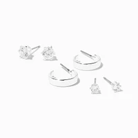 Silver-tone Cubic Zirconia Studs & White Enamel Hoop Earrings - 3 Pack