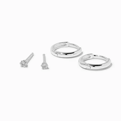 C LUXE by Claire's Sterling Silver Cubic Zirconia 2MM Round Stud & 8MM Clicker Hoop Earrings