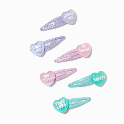 Valentine's Day Candy Hearts Glitter Snap Hair Clips - 6 Pack