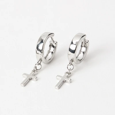 Silver 15MM Cross Huggie Hoop Earrings