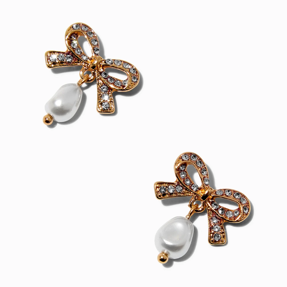 Gold-tone Pavé Bow & Pearl Drop Earrings