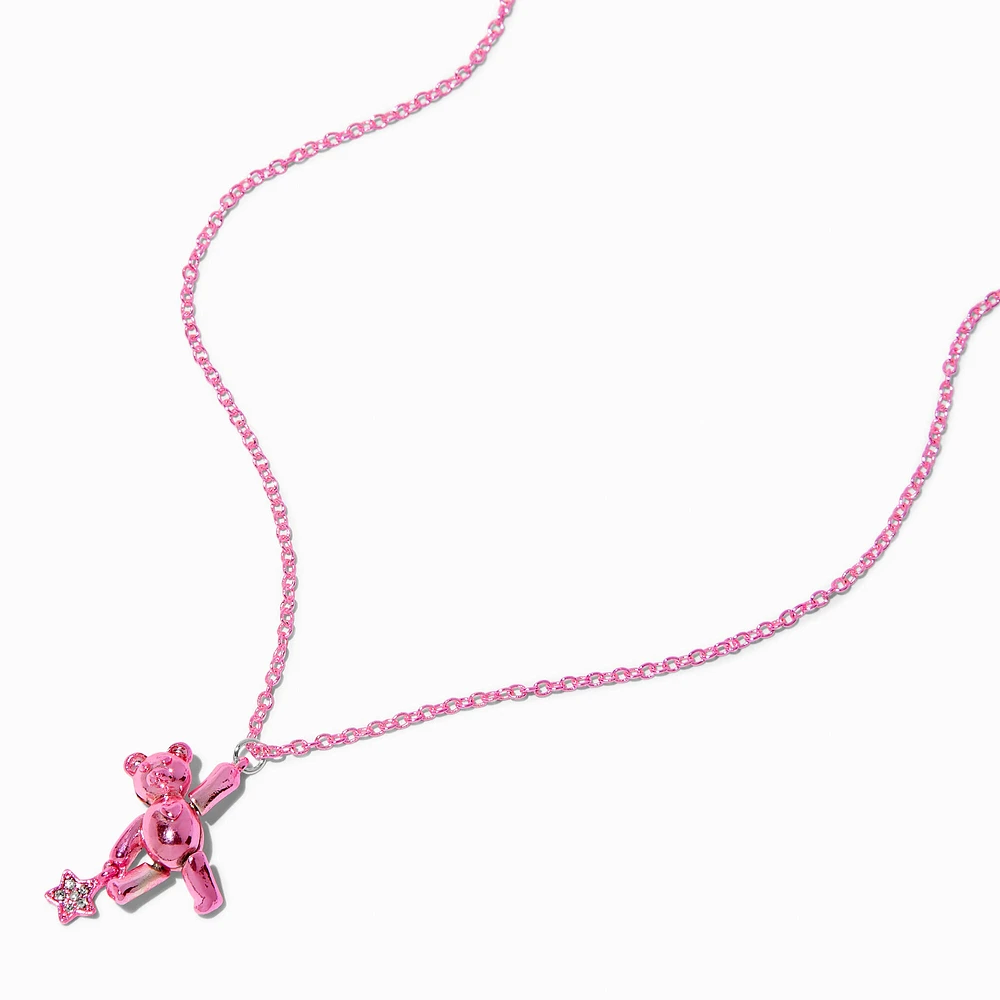 Pink Iridescent Bear Dangling Star Pendant Necklace