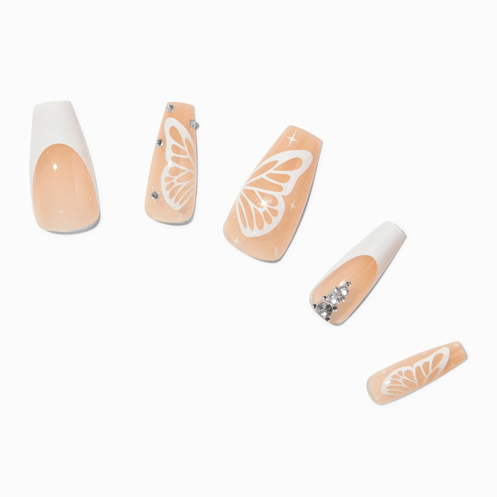 Butterfly French Tip Bling Squareletto Vegan Faux Nail Set