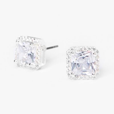 Silver-tone Square Cubic Zirconia Halo Stud Earrings