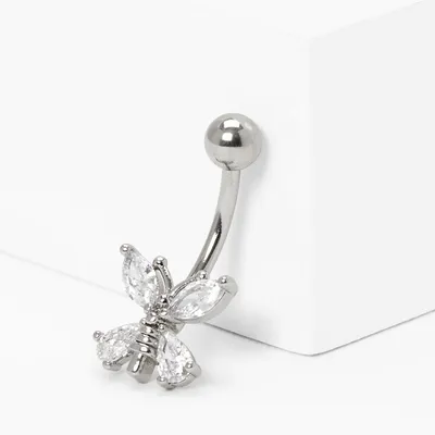 Silver 14G Crystal Butterfly Belly Ring