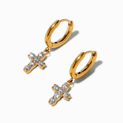 C LUXE by Claire's Gold-tone Titanium 8MM Cubic Zirconia Cross Hoop Earrings