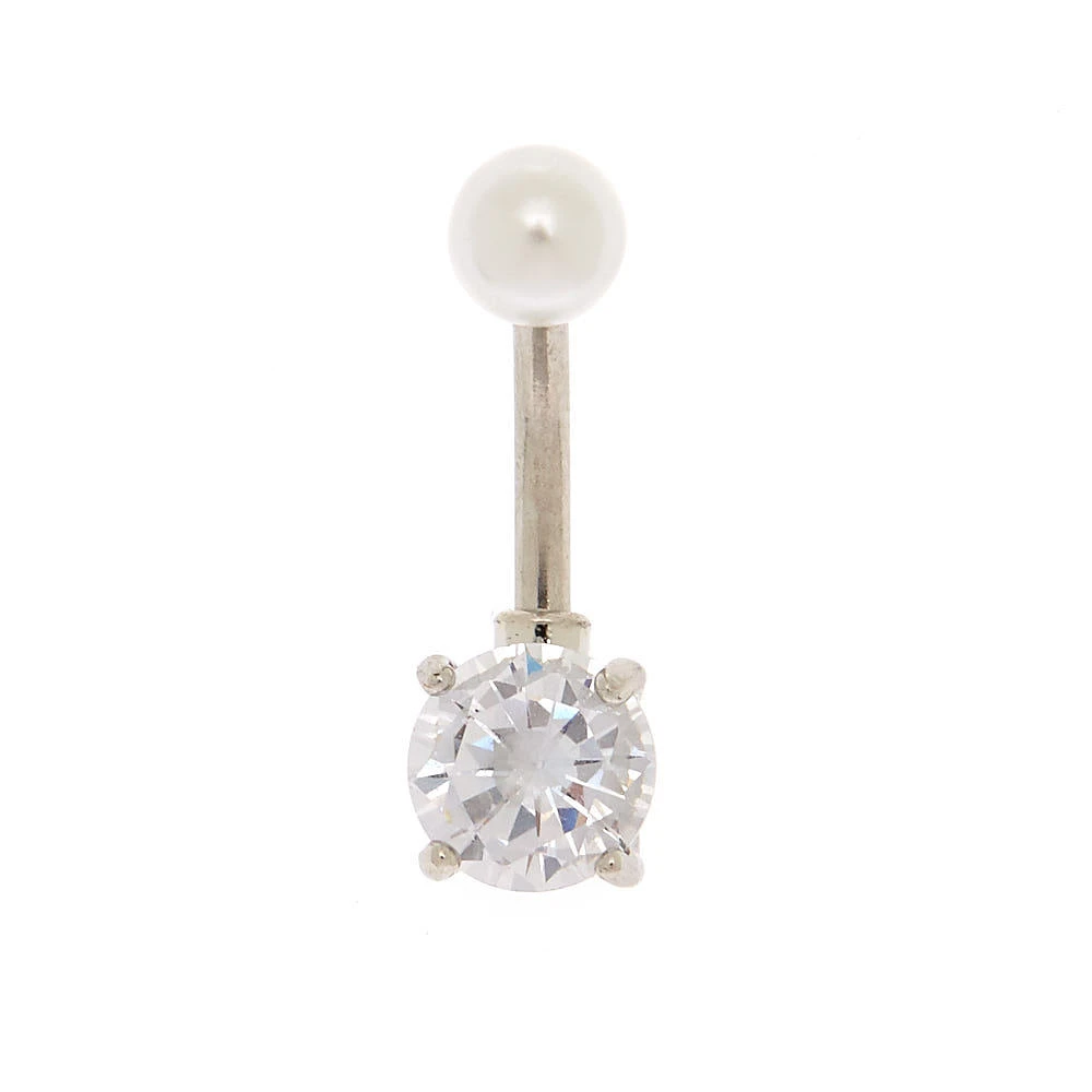 Silver-tone Stainless Steel Pearl Top 14G Belly Bar