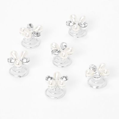 Pearl & Crystal Floral Hair Spinners - 6 Pack