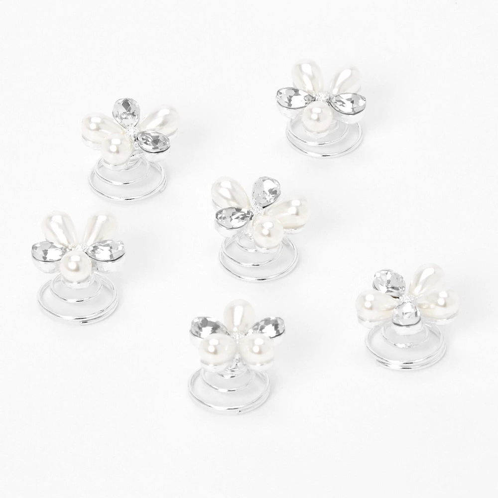 Pearl & Crystal Floral Hair Spinners - 6 Pack