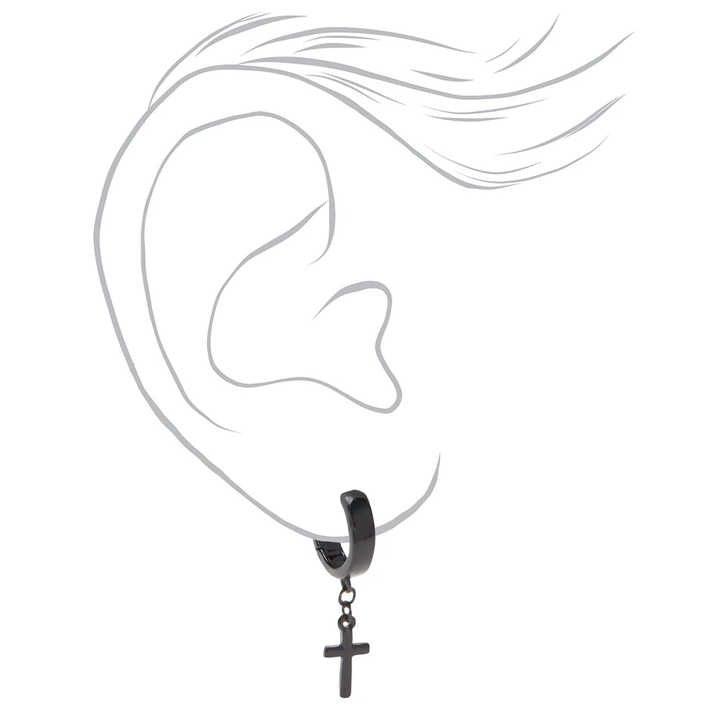 Black Cross 15mm Huggie Hoop Earrings