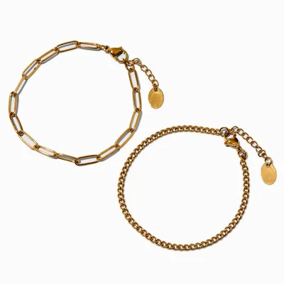 Gold-tone Stainless Steel Curb & Paperclip Chain Bracelets - 2 Pack