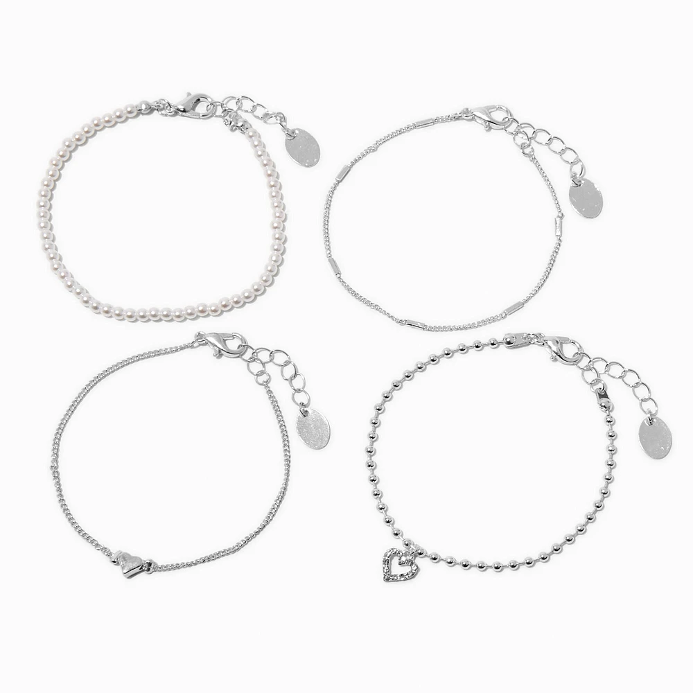 Silver-tone Heart & Pearl Chain Bracelets - 4 Pack