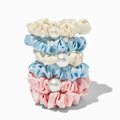 Pearl Pink, Blue, & Ivory Skinny Silky Hair Scrunchies - 6 Pack