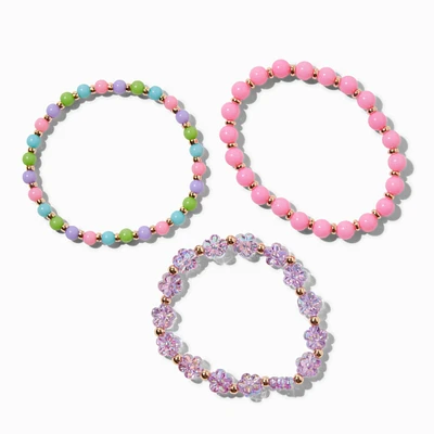 Pink Bead & Flower Stretch Bracelets - 3 Pack