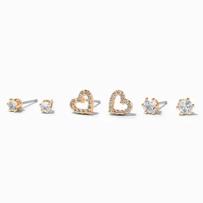 Gold Cubic Zirconia Heart & Stud Earrings - 3 Pack