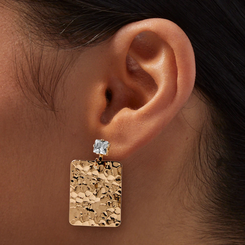 Gold-tone Hammered Square Clip-On Drop Earrings