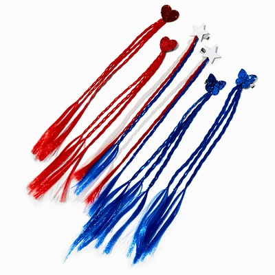 Red, White, & Blue Braided Faux Hair Snap Clips - 6 Pack