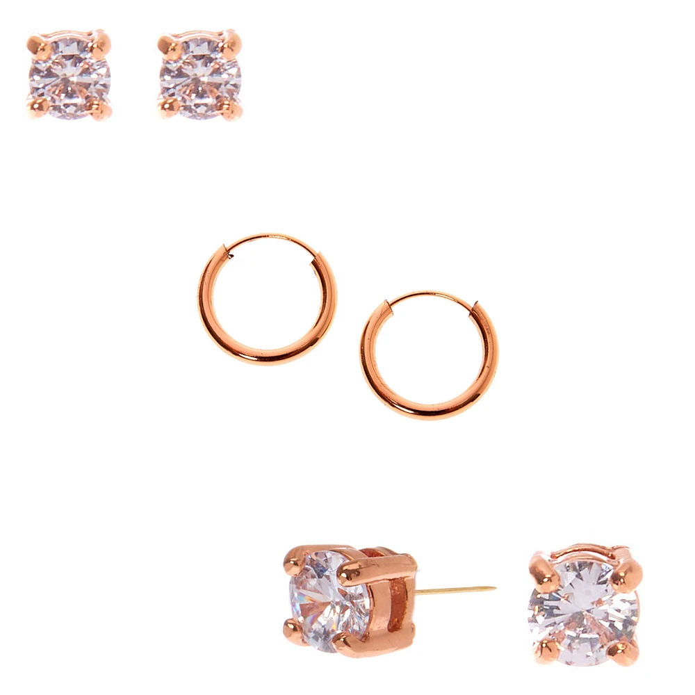 C LUXE by Claire's 18k Rose Gold Plated Cubic Zirconia Earring Set - 3 Pack