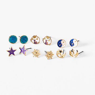 Gold Celestial Stud Earrings - 6 Pack