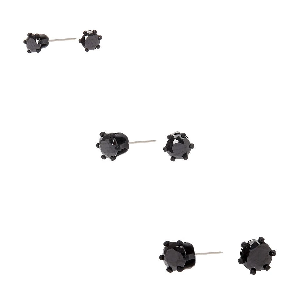 Black Cubic Zirconia 3mm, 4mm, & 5mm Round Stud Earrings - 3 Pack