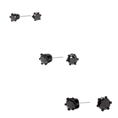 Black Cubic Zirconia 3MM, 4MM, 5MM Round Stud Earrings - 3 Pack