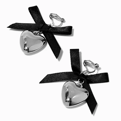 Black Bow & Silver-tone Heart Clip-On Earrings