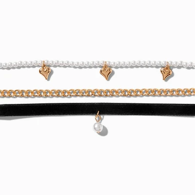 Heart & Pearl Gold-tone Choker Necklaces - 3 Pack