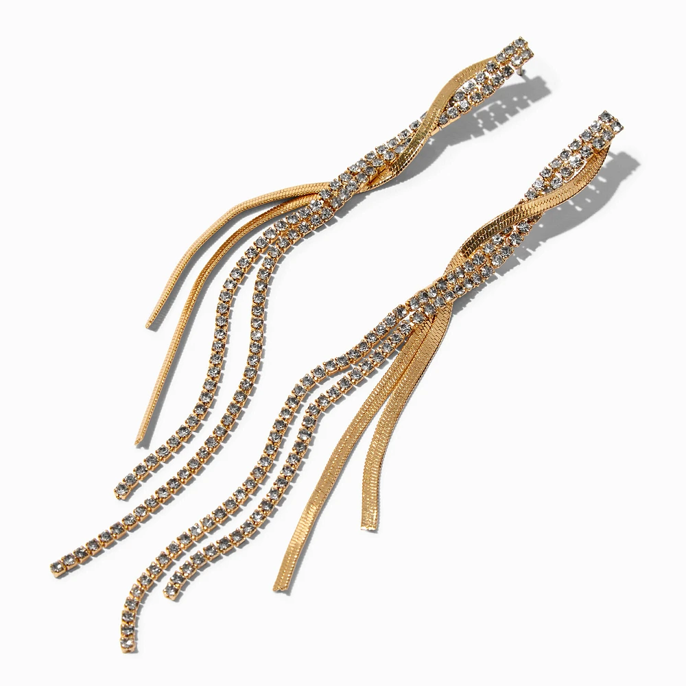 Gold-tone Herringbone & Crystal 4" Linear Drop Earrings