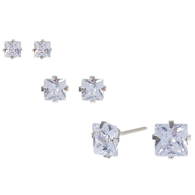 Silver-tone Cubic Zirconia 3MM, 4MM, 6MM Square Stud Earrings - 3 Pack